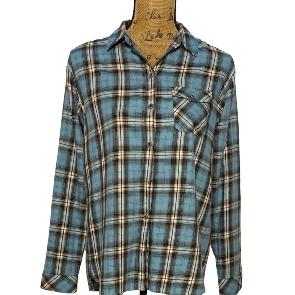 J Jill XS Button Down‎ Shirt Blue Gray Multicolor Plaid Long Sl Casual Comy Cute